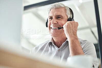 Buy stock photo Senior laugh, contact us and call center writing of a professional at a computer for telemarketing job. Consultant, web support and consultation of male person consulting for customer service.