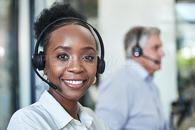 Buy stock photo Black woman, face and call center work of a employee with telemarketing and contact us job. Phone consultation, African female person and web support in office with staff working on online consulting