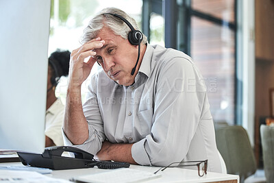 Buy stock photo Stress, telemarketing manager and man with headache in customer service agency with pain or crisis. Communication fail, senior management with computer or help desk consultant with problem phone call