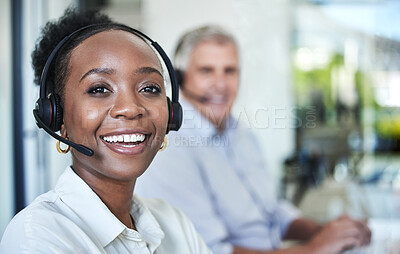 Buy stock photo Black woman, call center and portrait of a happy worker with telemarketing and contact us work. Web support, consultation and business employee with staff in a office at a online agency at company