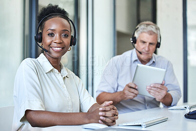 Buy stock photo Black woman, portrait and call center work of a employee with telemarketing and contact us job. Phone consultation, African female person and web support in office with staff working on online desk