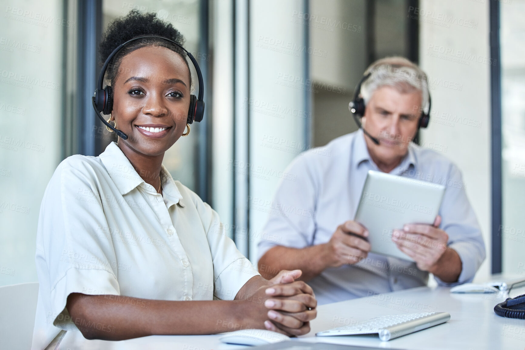 Buy stock photo Black woman, portrait and call center work of a employee with telemarketing and contact us job. Phone consultation, African female person and web support in office with staff working on online desk