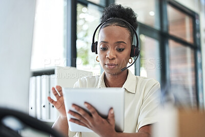 Buy stock photo Business woman, tablet and telemarketing work of a employee with web search at office. Contact us, call center and African female worker at a phone tech consultation company typing a online email 