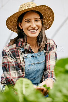 Buy stock photo Portrait, farm and woman in greenhouse with plants, growth and sustainable business with smile. Nature, agriculture and girl farmer in countryside for organic food care, confidence and happy harvest