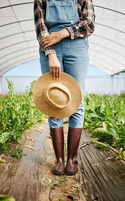 Buy stock photo Shot of an unrecognizable farmer holding her hat while standing in her greenhouse