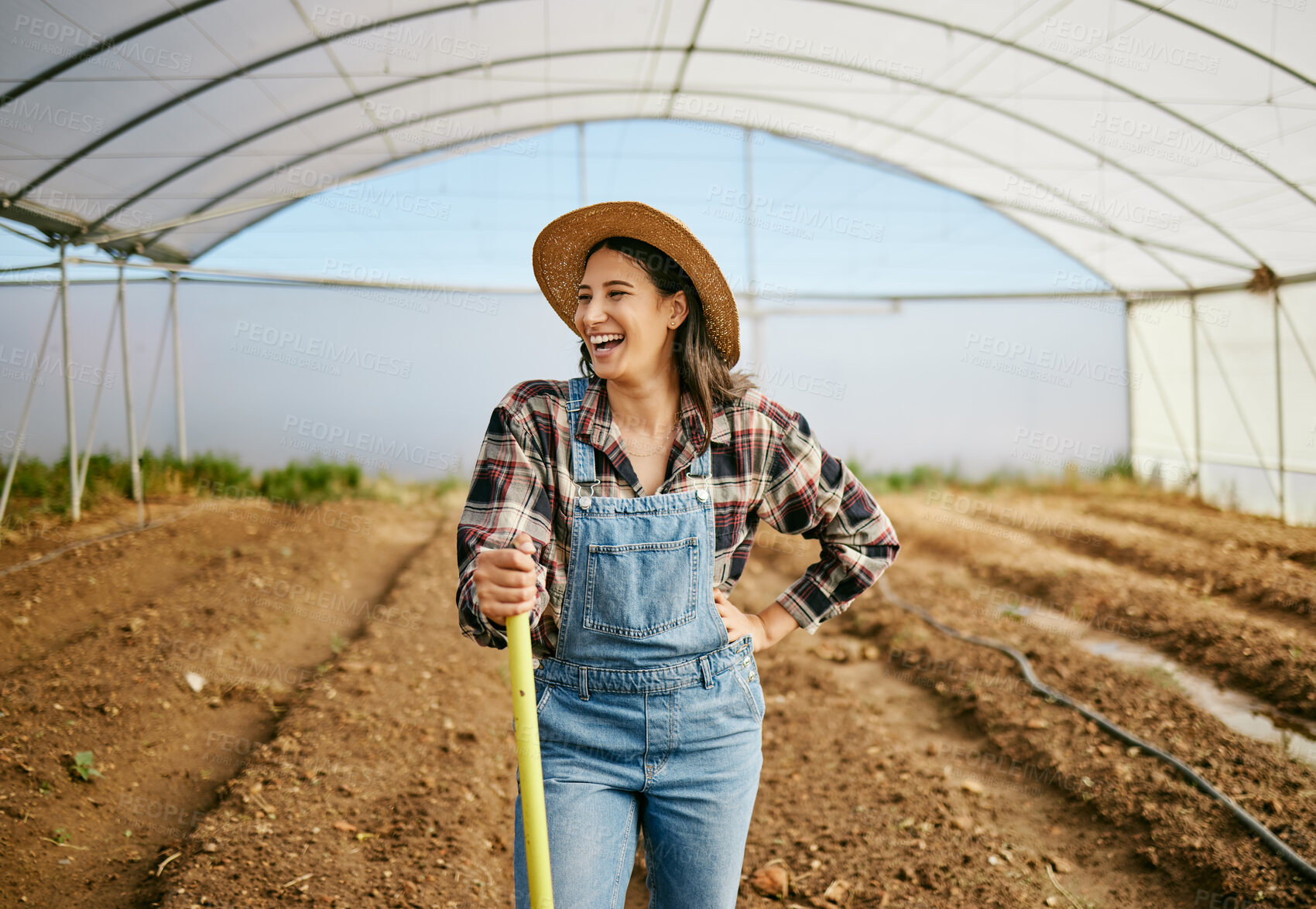 Buy stock photo Shot of a young female farmer working in her greenhouse
