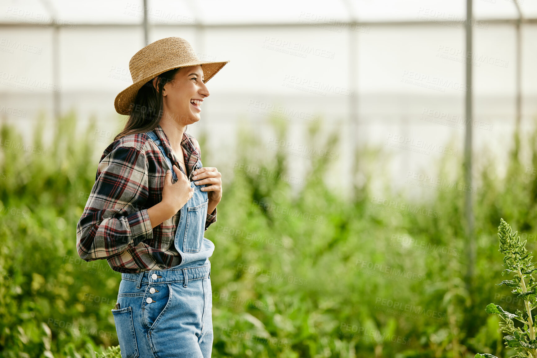 Buy stock photo Plants, farm and woman in greenhouse with smile, growth and development at sustainable business. Nature, agriculture and happy girl farmer with laugh, confidence or vegetable garden with green leaves