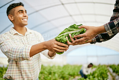 Buy stock photo Shot of a young male farmer giving his coworker harvested produce