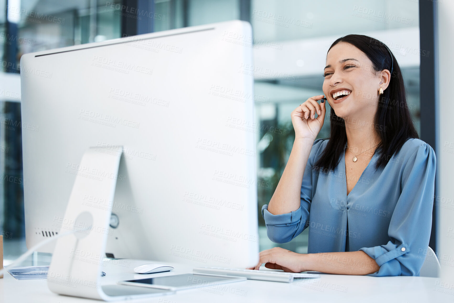 Buy stock photo Happy woman, call center and laughing in customer service, funny discussion or joke at office. Friendly female person or consultant agent laugh with smile in fun consulting or contact us at workplace