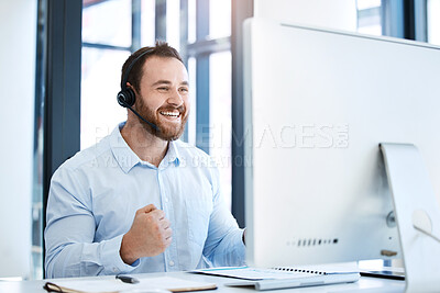 Buy stock photo Happy man, call center and fist in celebration for winning, bonus or sales promotion at the office. Excited businessman, consultant or agent in joy for win, victory or customer service at workplace
