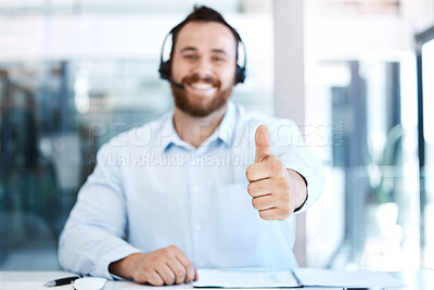 Buy stock photo Happy man, call center and hand in thumbs up for success, winning or approval at the office. Portrait of businessman, consultant or agent with thumb emoji, yes sign or like for good job at workplace