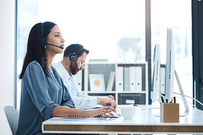 Buy stock photo Call center, people and team in customer service, support or telemarketing on computer at the office. Woman and man consultant, agent or virtual assistant working for online agency at the workplace