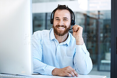 Buy stock photo Happy man, call center and portrait smile in customer service, support or telemarketing at office. Friendly businessman, consultant or agent smiling in online advice or virtual assistant at workplace