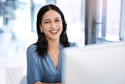 Buy stock photo Happy woman, call center and portrait smile in customer service, support or telemarketing at the office. Friendly female person, consultant or agent smiling for virtual assistant or online advice