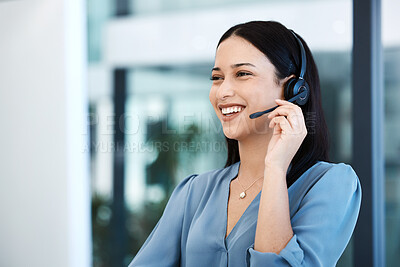 Buy stock photo Happy woman, call center and headphones for consulting in customer service, support or telemarketing at office. Friendly female person, consultant or agent with smile and headset for online advice