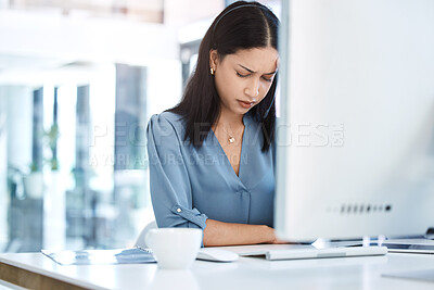 Buy stock photo Call center, stress and woman with headache, problem or crisis, internet or issue in office. Burnout, migraine and lady consultant with anxiety, glitch or online mistake while consulting crm or faq