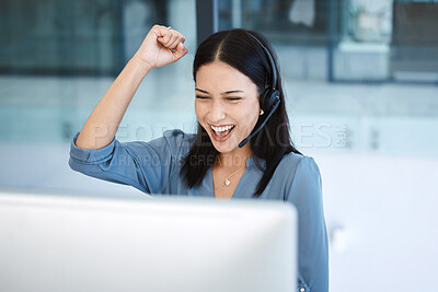 Buy stock photo Happy woman, call center and fist in celebration for promotion, success or winning bonus at office. Excited female person, consultant or agent in joy for win, victory or customer service at workplace