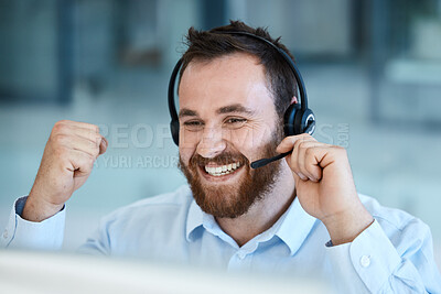 Buy stock photo Happy man, call center and fist in celebration for success, promotion or winning bonus at the office. Excited businessman, consultant or agent in joy for win, victory or customer service at workplace