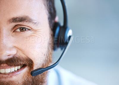 Buy stock photo Happy man, call center and face closeup on mockup for customer service or telemarketing at office. Male person, consultant agent or virtual assistant with smile and headphones for online advice