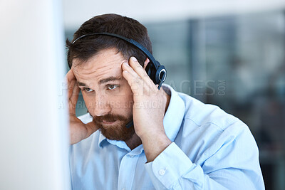 Buy stock photo Stress, computer and tired call center man with a headset for customer support problem or headache. Frustrated person at pc for telemarketing account crisis, contact us or sales fail, mistake or loss
