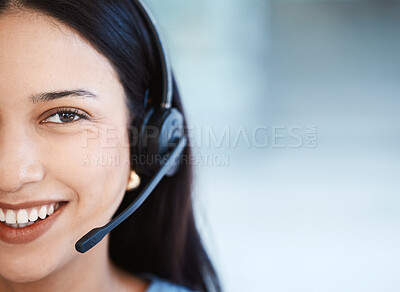 Buy stock photo Happy woman, call center and face closeup on mockup for customer service or telemarketing at office. Female person, consultant agent or virtual assistant with smile and headphones for online advice