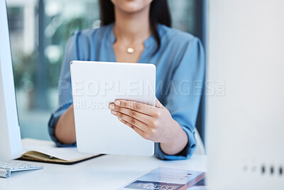 Buy stock photo Business person, hand and tablet closeup for communication, social media or internet in office. Entrepreneur woman with tech for network research app, internet connection and planning or analytics