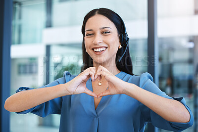 Buy stock photo Happy woman, call center and portrait with heart hands in customer service, support or telemarketing at office. Female person consultant agent with smile or loving emoji in online advice at workplace