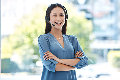 Buy stock photo Woman with arms crossed, portrait and callcenter, contact us with customer service agent in workplace with smile. CRM, communication and tech support, female consultant for help desk and mockup space