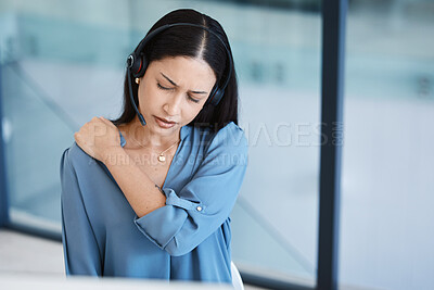 Buy stock photo Call center, tired agent or woman with shoulder pain and headset in telemarketing, sales or crm office. Frustrated customer care consultant person back ache problem, burnout and posture or stress
