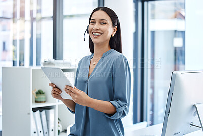 Buy stock photo Smile, tablet and call center woman in office with a headset, internet connection and database app. Latino person or consultant laughing for funny crm communication, telemarketing or customer service