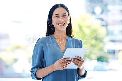 Buy stock photo Woman, portrait and happiness with tablet in the outdoor for online communication as entrepreneur. Female person, tech and employee with a smile in the city with service or conversation on app.