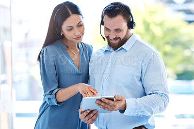 Buy stock photo Call center, tablet and teamwork with business people n office for consulting, review and customer service. Collaboration, digital and telemarketing with man and woman for contact us and networking