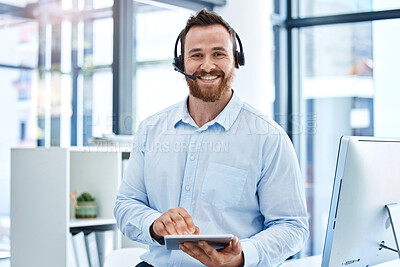 Buy stock photo Portrait, call center and man with a tablet, telemarketing and customer service with headphones, connection and typing. Face, male person or agent with tech support, technology and headset for advice