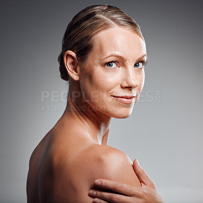 Buy stock photo Beauty, hand and portrait with shoulder of woman in studio on gray background for facial cosmetics. Face, skincare and wellness with mature person at salon or spa for antiaging dermatology treatment