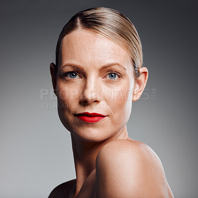 Buy stock photo Beauty portrait, makeup and woman in red lipstick for glow or results on gray studio background. Face, skincare and confident mature model in facial cosmetics for dermatology, aesthetic or anti aging