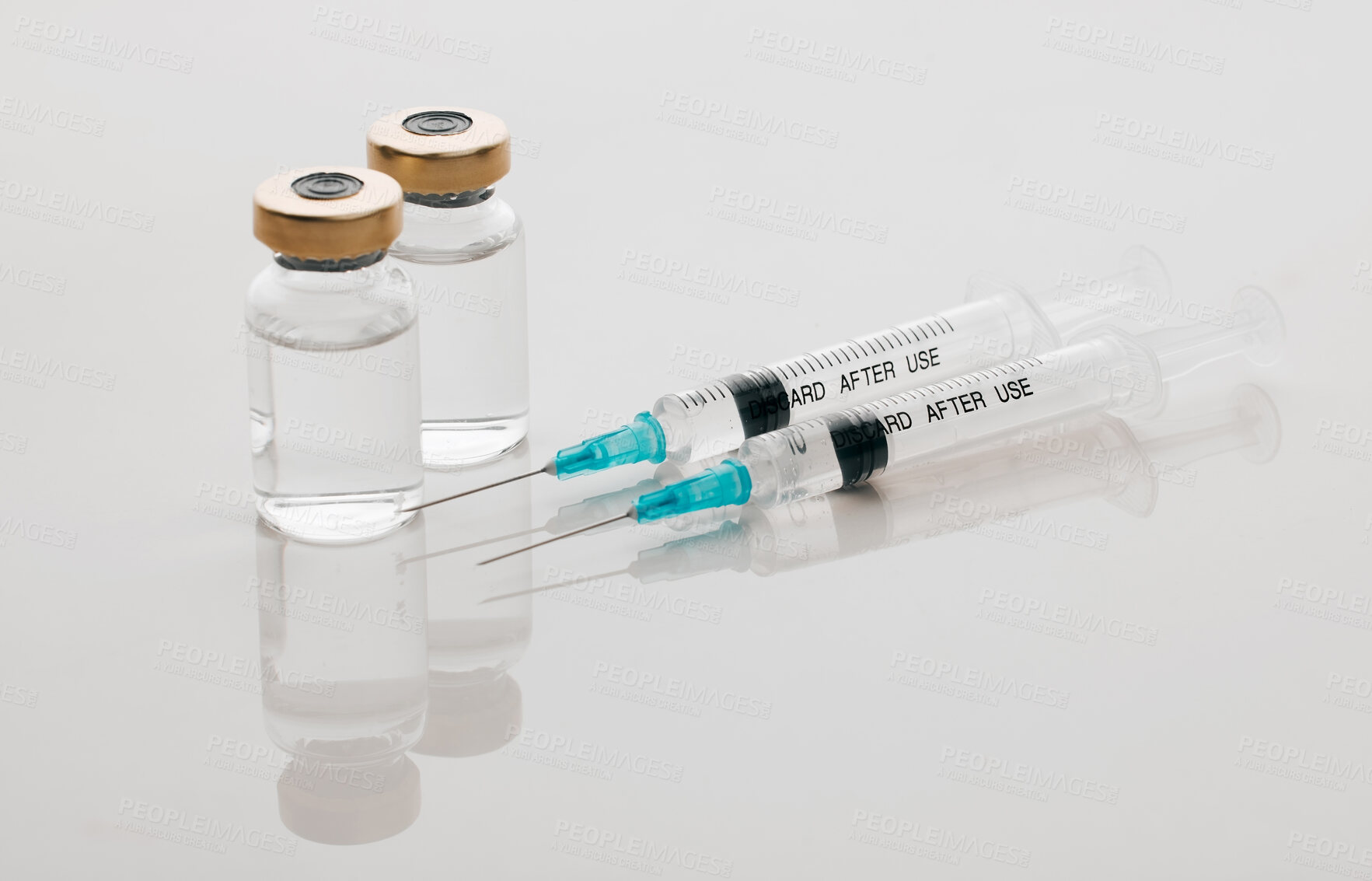 Buy stock photo Healthcare, needle and drug vial for vaccine, medication and illness or cure on white studio background. Injection, syringe and pharmaceutical product for pharmacy, flu shot or equipment at clinic