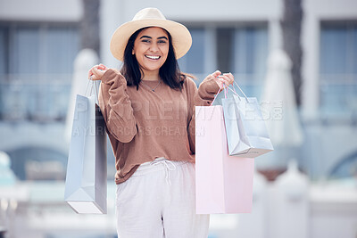 Buy stock photo Woman in portrait, shopping bag and retail at outdoor mall, smile with purchase, luxury and shop discount. Happy female customer, fashion designer brand and buyer choice with store promotion and sale