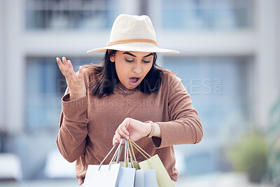 Buy stock photo Shopping, time and Indian woman late in city with bag for time management, rushing and hurry. Retail, fashion and female person check watch with bags from sale, bargain and discount purchase in town