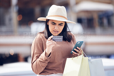 Buy stock photo City, smartphone and woman with a credit card, confused and scam with payment, wrong password and shopping bags. Female person, fraud and customer with a cellphone, glitch and error with banking