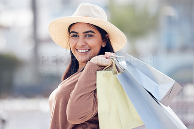 Buy stock photo Woman in portrait, smile with shopping bag and retail at outdoor mall, luxury purchase and shop discount. Happy female customer, fashion designer brand and buyer choice with store promotion and sale