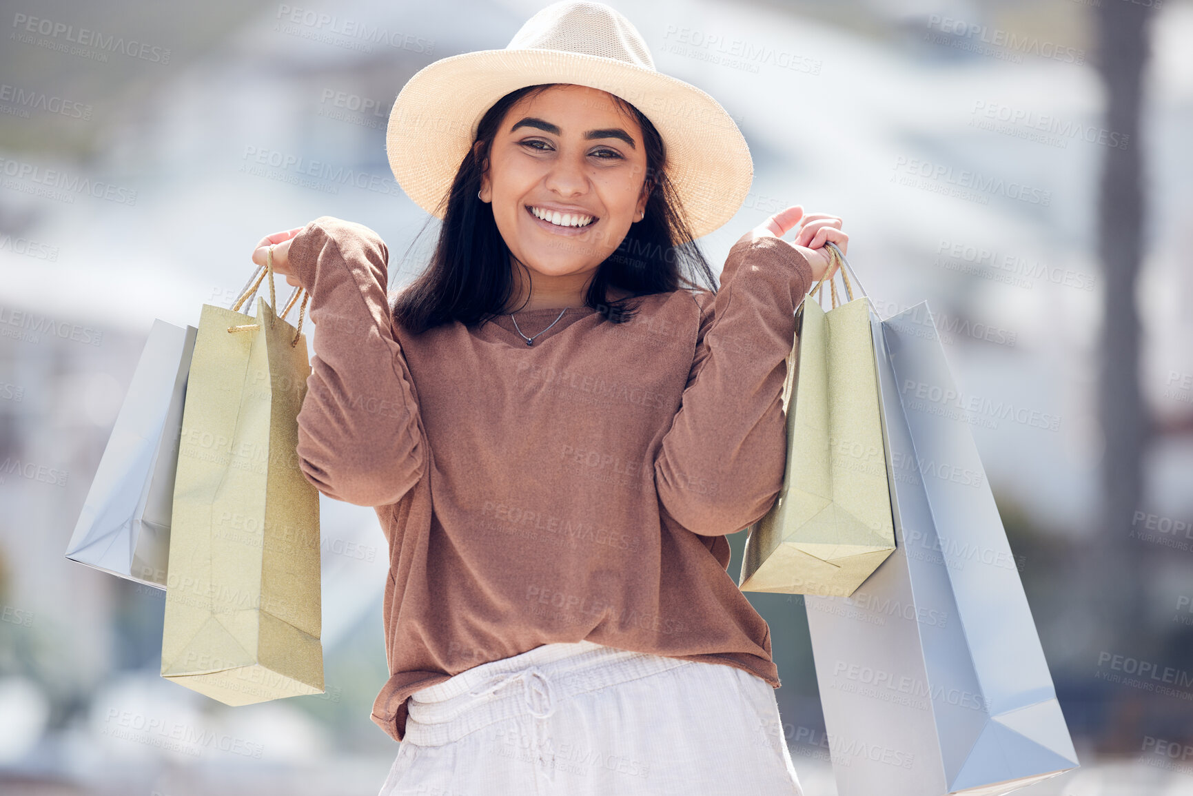 Buy stock photo Happy woman in portrait, shopping with paper bag and retail at outdoor mall, luxury purchase and shop discount. Female customer smile, fashion designer brand and buyer choice, store promotion sale