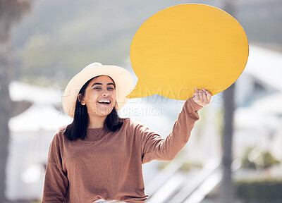 Buy stock photo Mockup, portrait or happy woman in city with speech bubble news, announcement or presentation. Travel agency, face or gen z girl with banner for advertising immigration opportunity, space or faq