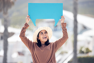 Buy stock photo Mockup, space or happy woman in city with speech bubble news, announcement or presentation. Travel agency, face or gen z girl with banner for advertising immigration opportunity, review or visa faq