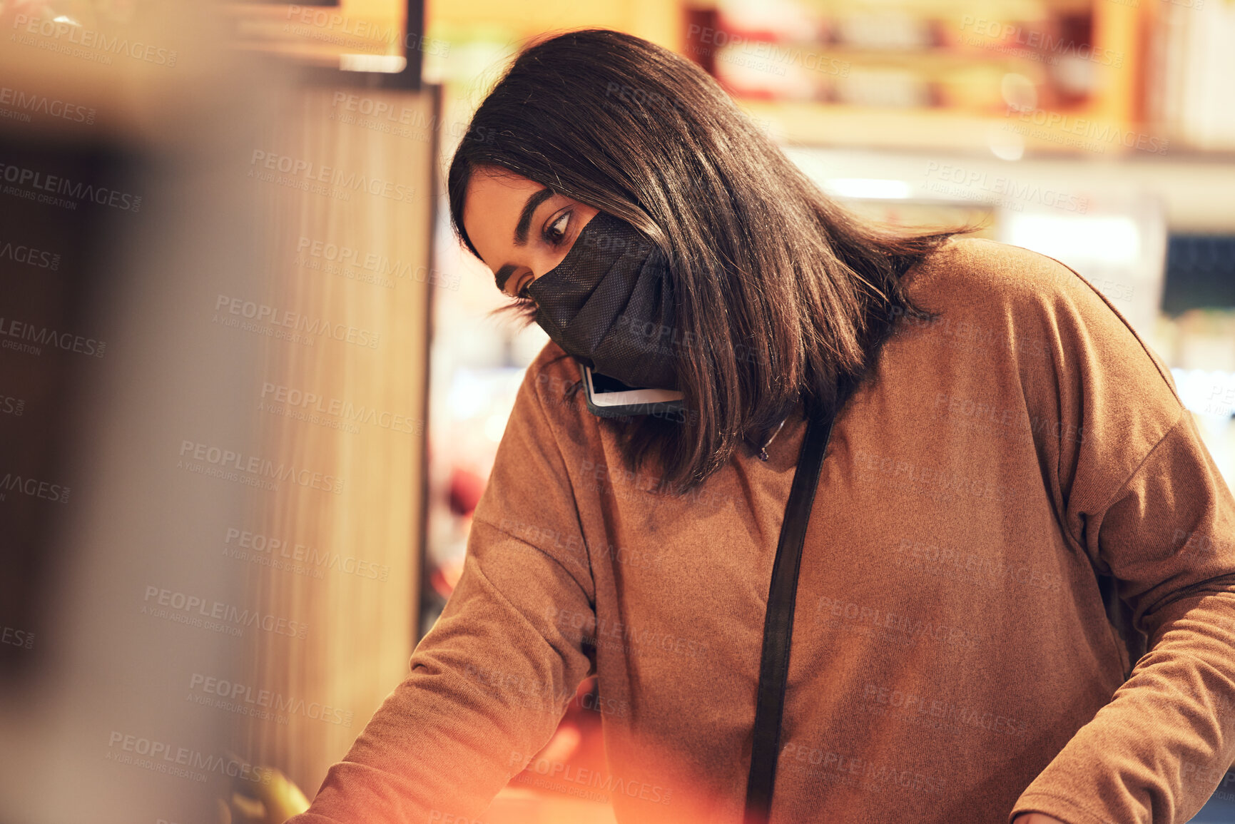 Buy stock photo Face mask, phone call or woman with supermarket shopping, sale or multitasking with online chat. Air pollution, mall or customer with smartphone or grocery search with mouth cover for Bangladesh smog