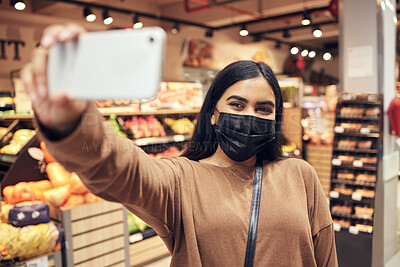 Buy stock photo Selfie, phone and woman with a mask supermarket for social media, internet or web while shopping for food. Grocery, covid and young customer taking picture on a mobile or smartphone in a shop