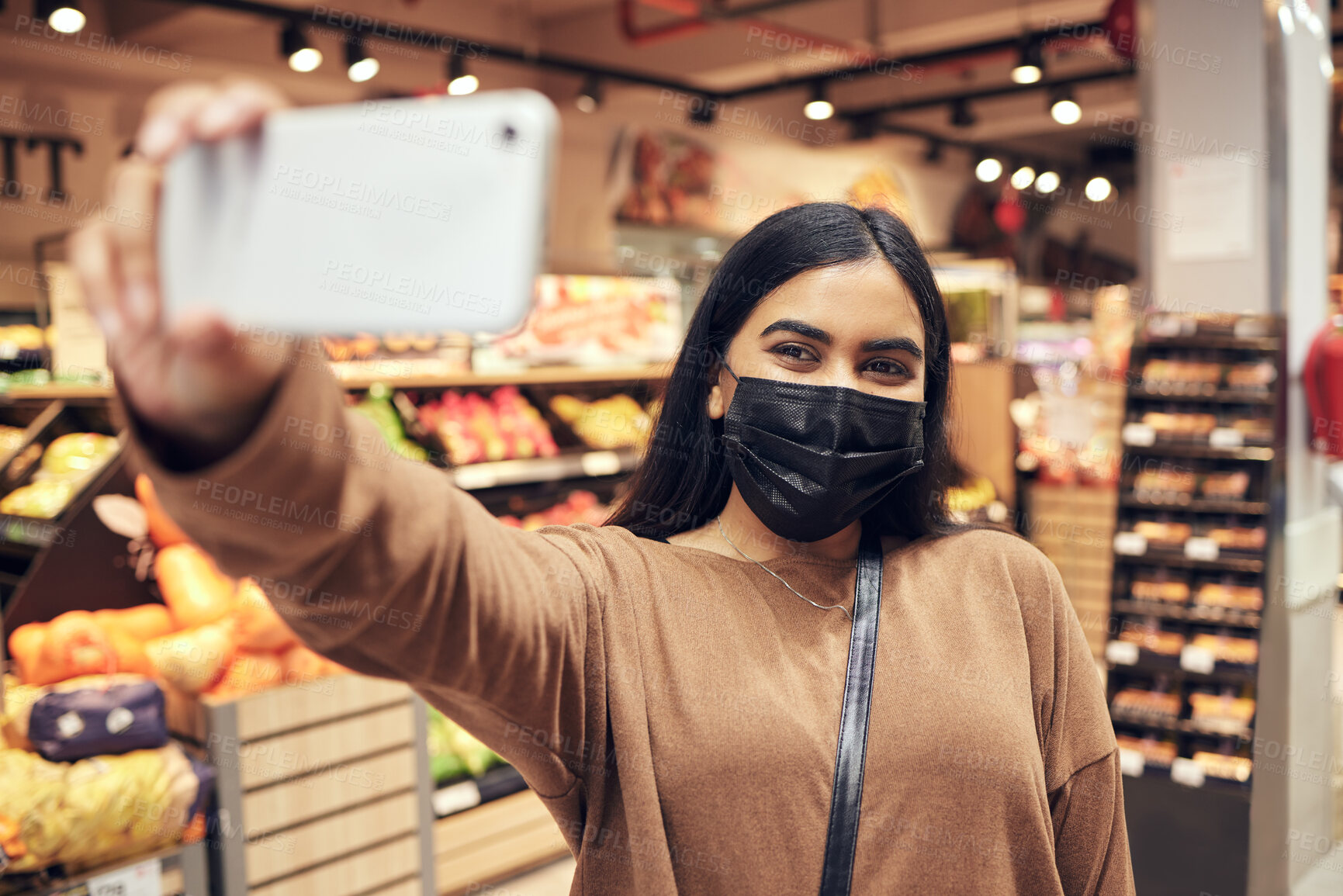 Buy stock photo Selfie, phone and woman with a mask supermarket for social media, internet or web while shopping for food. Grocery, covid and young customer taking picture on a mobile or smartphone in a shop