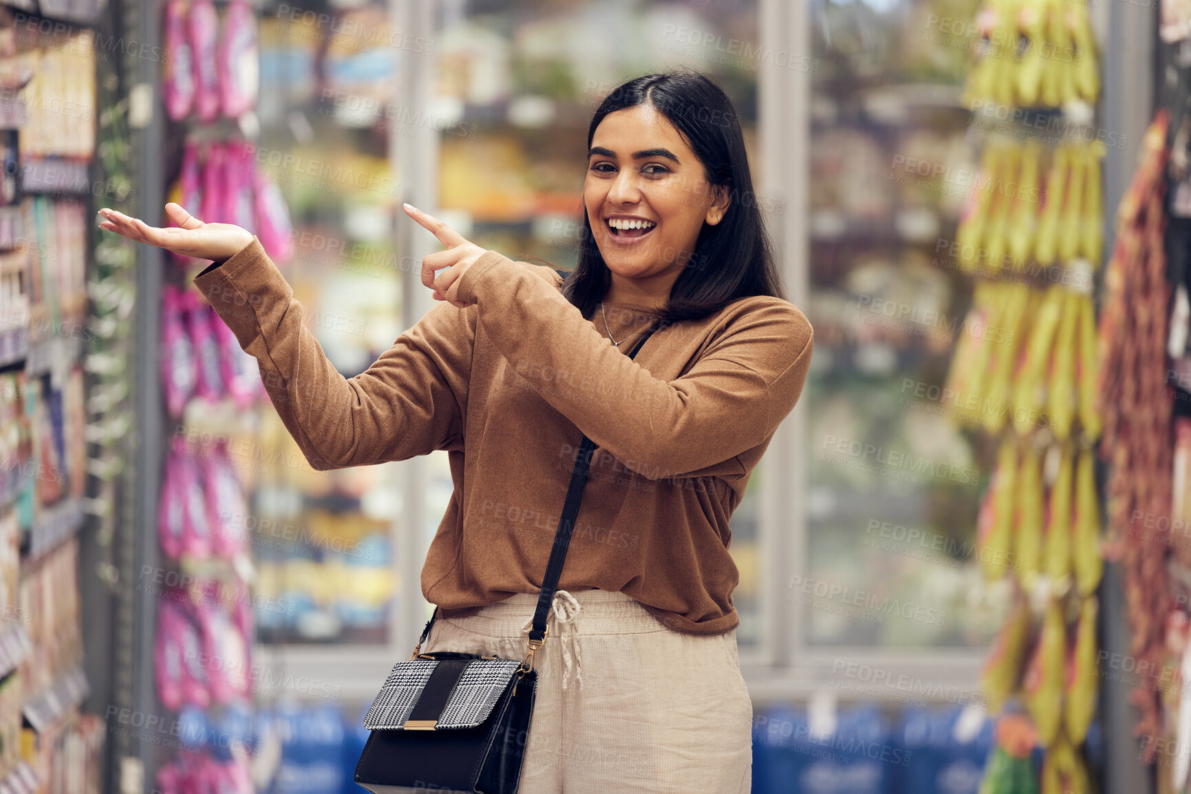 Buy stock photo Discount, grocery and shopping with woman in supermarket for sale, product deal and food. Choice, offer and happy with female customer in groceries store for retail promotion, health and excited