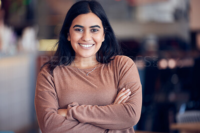 Buy stock photo Happy woman, portrait and business owner with confidence in cafe for dream, pride or career ambition. Young female person or employee with smile and arms crossed for creative restaurant or startup