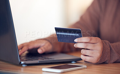 Buy stock photo Online shopping, computer and credit card with freelance worker on a ecommerce website. Person, hands and freelancer at a laptop on a digital store app for deal and discount with payment at table