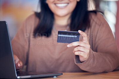 Buy stock photo Online shopping, woman hand and credit card with freelance worker on a ecommerce website. Person, hands and freelancer at a laptop on a digital store app for deal and discount with payment at table